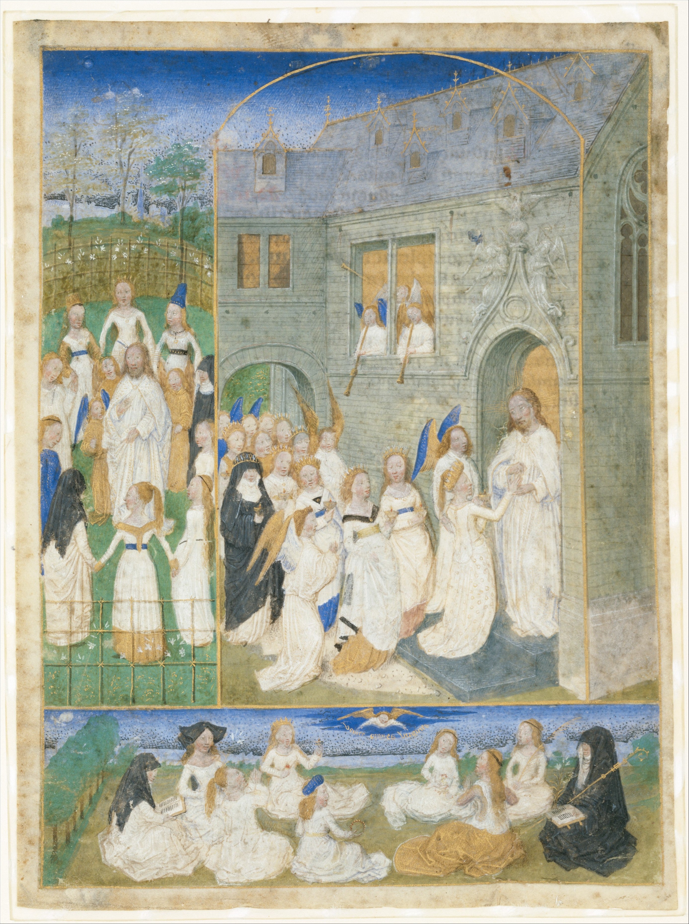 Les Saintes Vierges accueillies par le Christ à leur entrée aux portes du Paradis - Simon Marmion