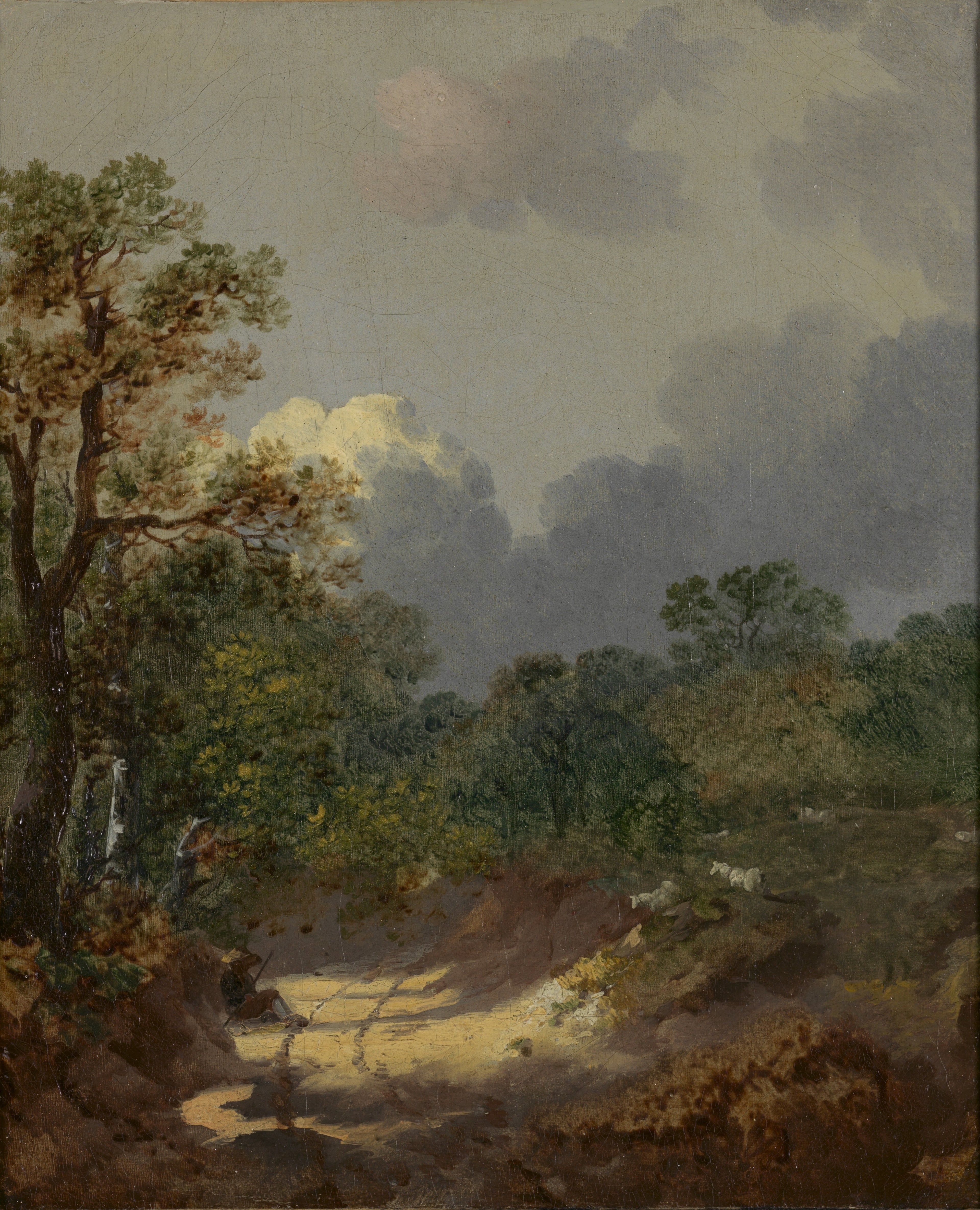 Paysage boisé avec un berger au repos sur une route ensoleillée avec des moutons - Thomas Gainsborough