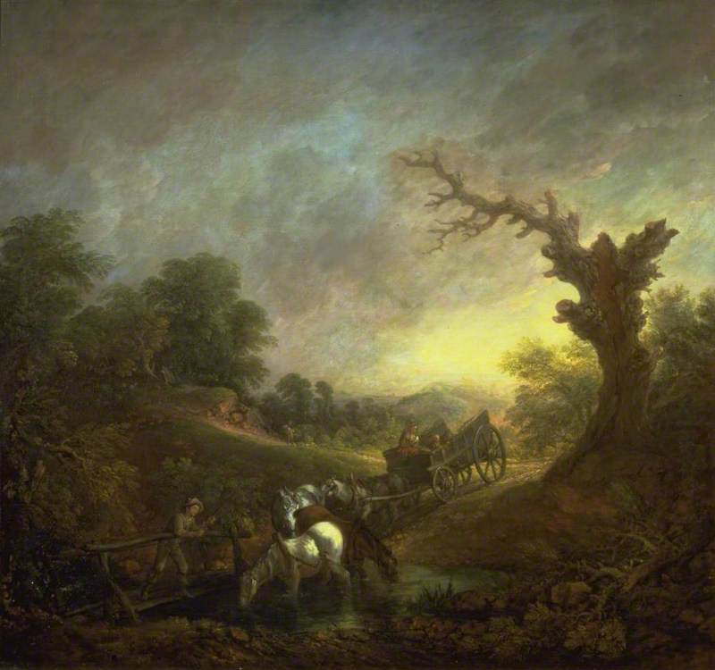 Coucher de soleil: Chevaux de trait buvant au bord d’un ruisseau - Thomas Gainsborough - Alpha Reproduction