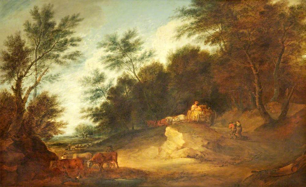Paysage boisé avec personnages dans une charrette de campagne et du bétail - Thomas Gainsborough