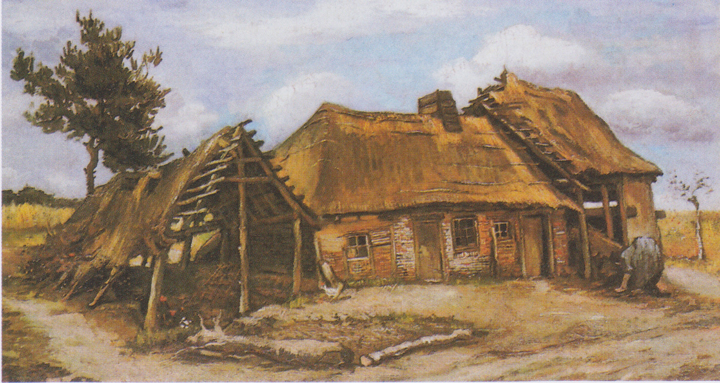 Reproduction du tableau « Ferme avec une paysanne voûtée en robe bleue - Vincent van Gogh » par Alpha Reproduction en peinture à l’huile