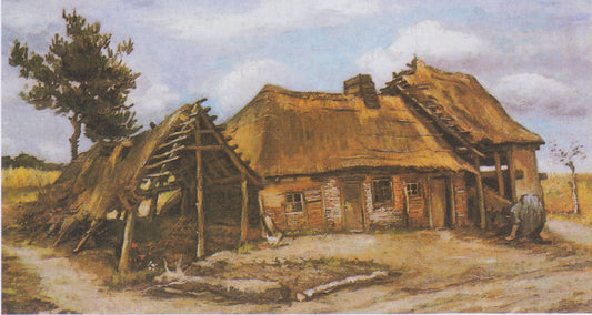 Reproduction du tableau « Ferme avec une paysanne voûtée en robe bleue - Vincent van Gogh » par Alpha Reproduction en peinture à l’huile