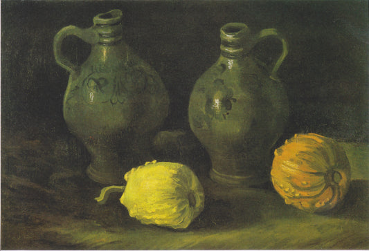 Reproduction du tableau « Nature morte avec deux bocaux et deux citrouilles - Vincent van Gogh » par Alpha Reproduction en peinture à l’huile