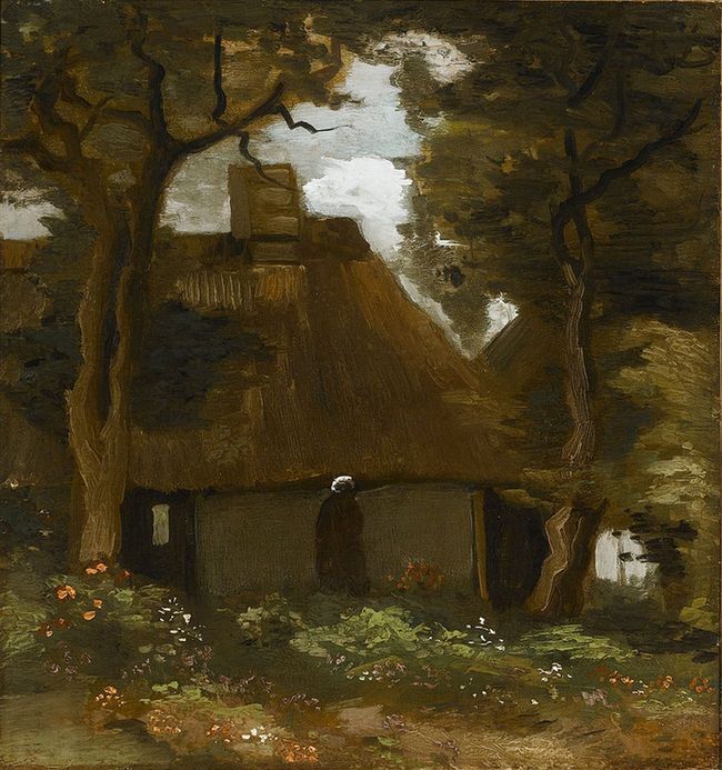 Reproduction du tableau « Chalet avec arbres et paysanne - Vincent van Gogh » par Alpha Reproduction en peinture à l’huile