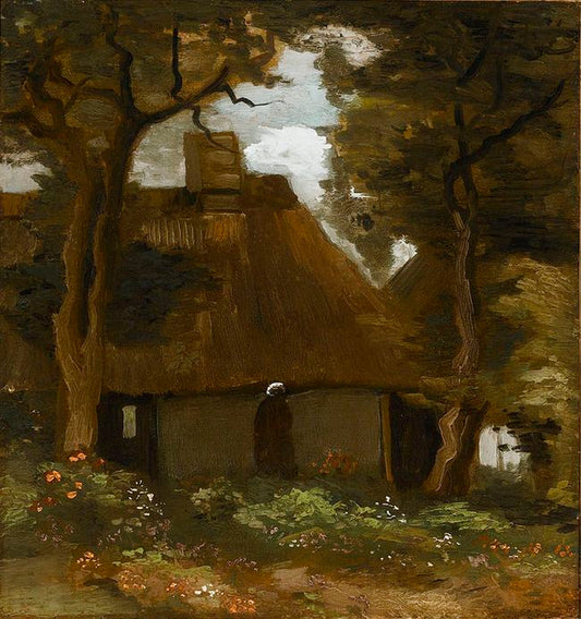 Reproduction du tableau « Chalet avec arbres et paysanne - Vincent van Gogh » par Alpha Reproduction en peinture à l’huile