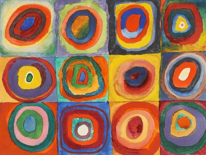 Reproduction du tableau « Étude de couleurs, carrés avec cercles concentriques - Vassily Kandinsky » par Alpha Reproduction en peinture à l’huile