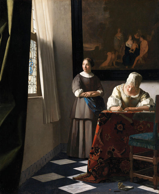 Reproduction du tableau « Femme écrivant une lettre et sa servante - Johannes Vermeer » par Alpha Reproduction en peinture à l’huile