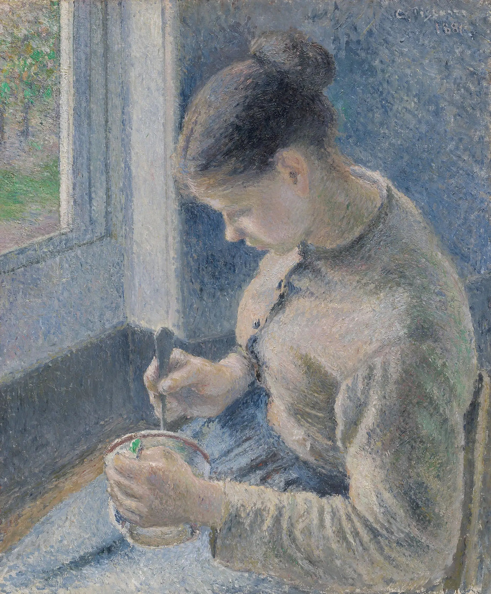 Reproduction du tableau « Jeune paysanne prenant son café - Camille Pissarro » par Alpha Reproduction en peinture à l’huile