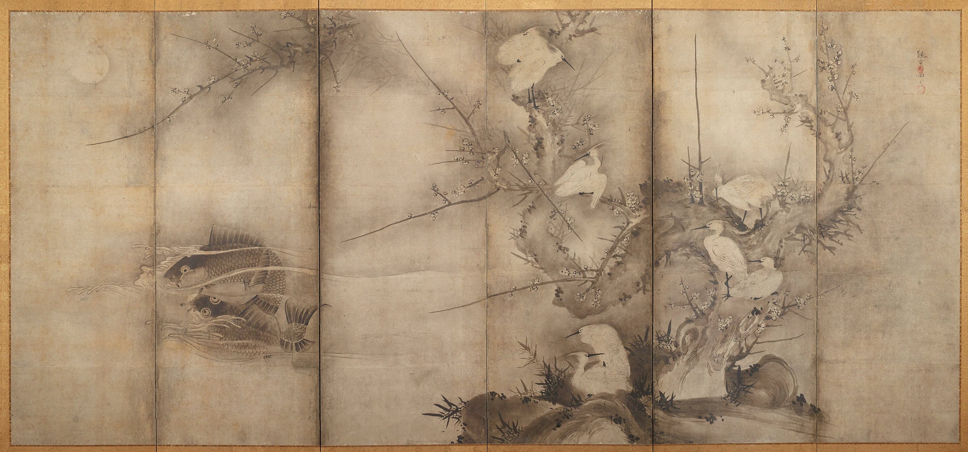 Aigrettes dans les pruniers et les saules, Sesson Shukei