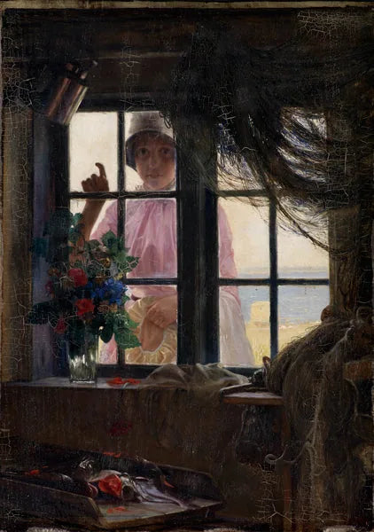 Après le bain. Une jeune fille frappe à la fenêtre du pêcheur. - Carl Heinrich Bloch image 1 copie de tableau peinte à la main