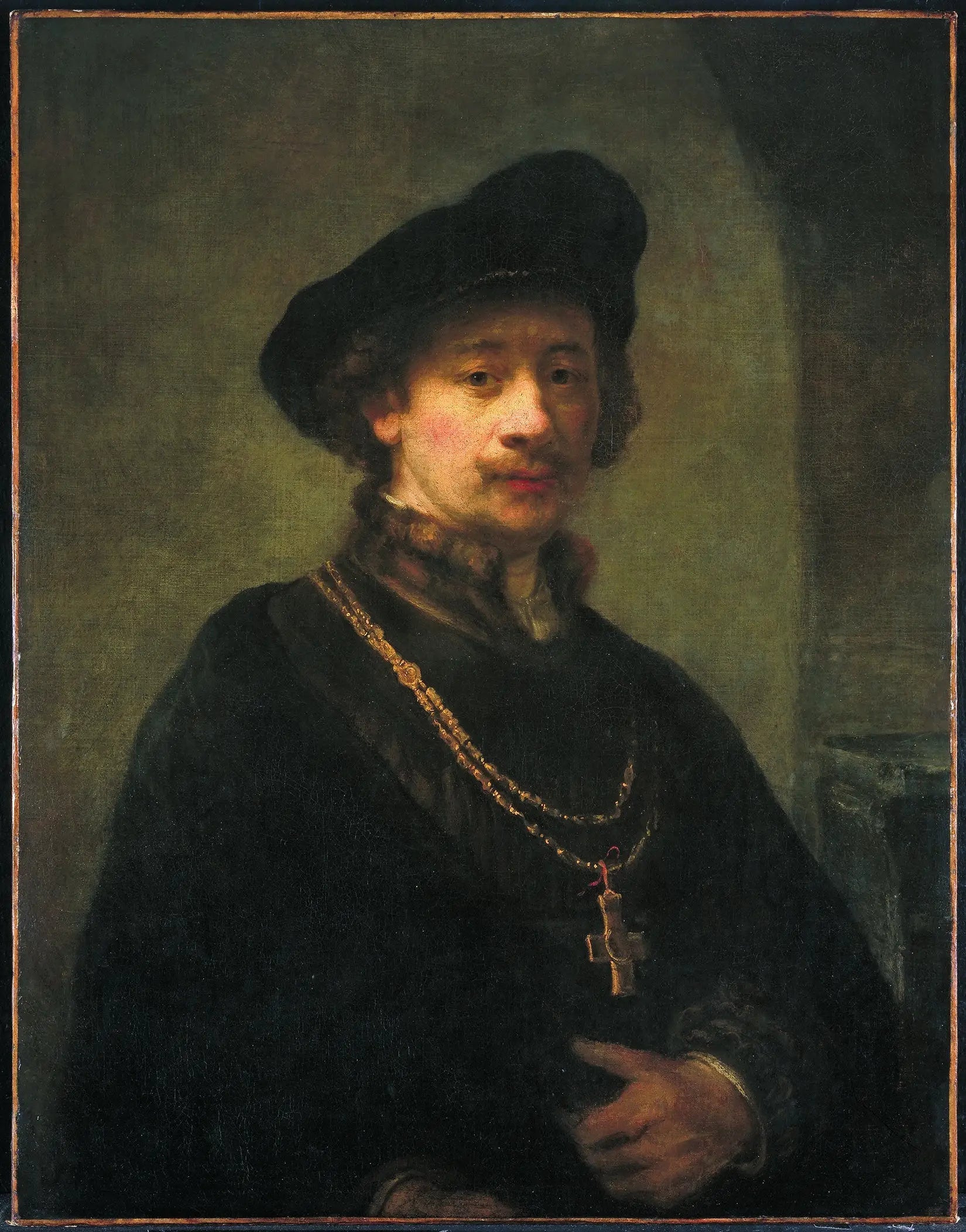 Autoportrait au béret, à la chaîne d'or et à la crosse - Rembrandt image 1 reproduction de peinture à l’huile