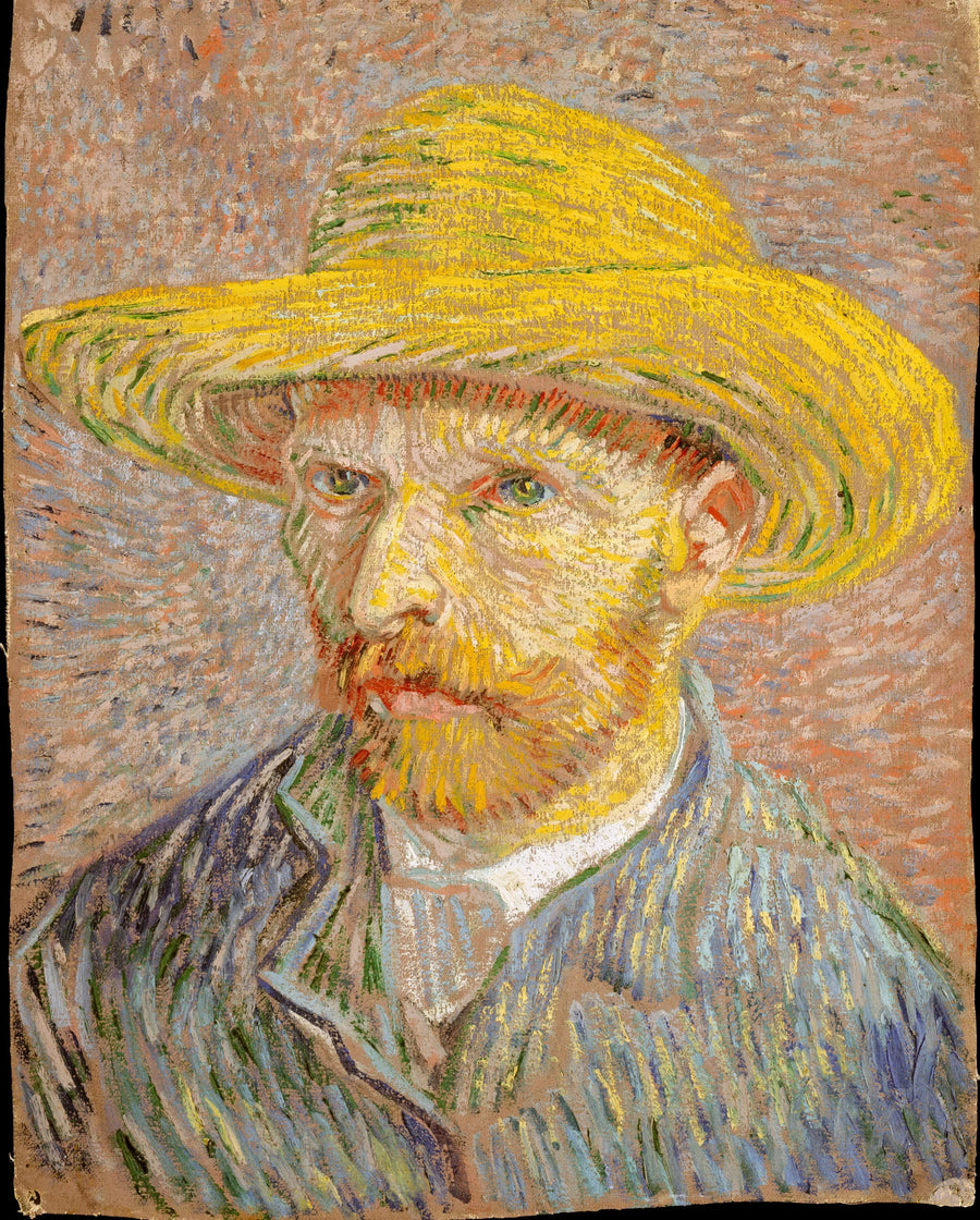 Autoportrait au chapeau de paille, F365v — visage roux et veste rayée peints par Vincent van Gogh à Paris