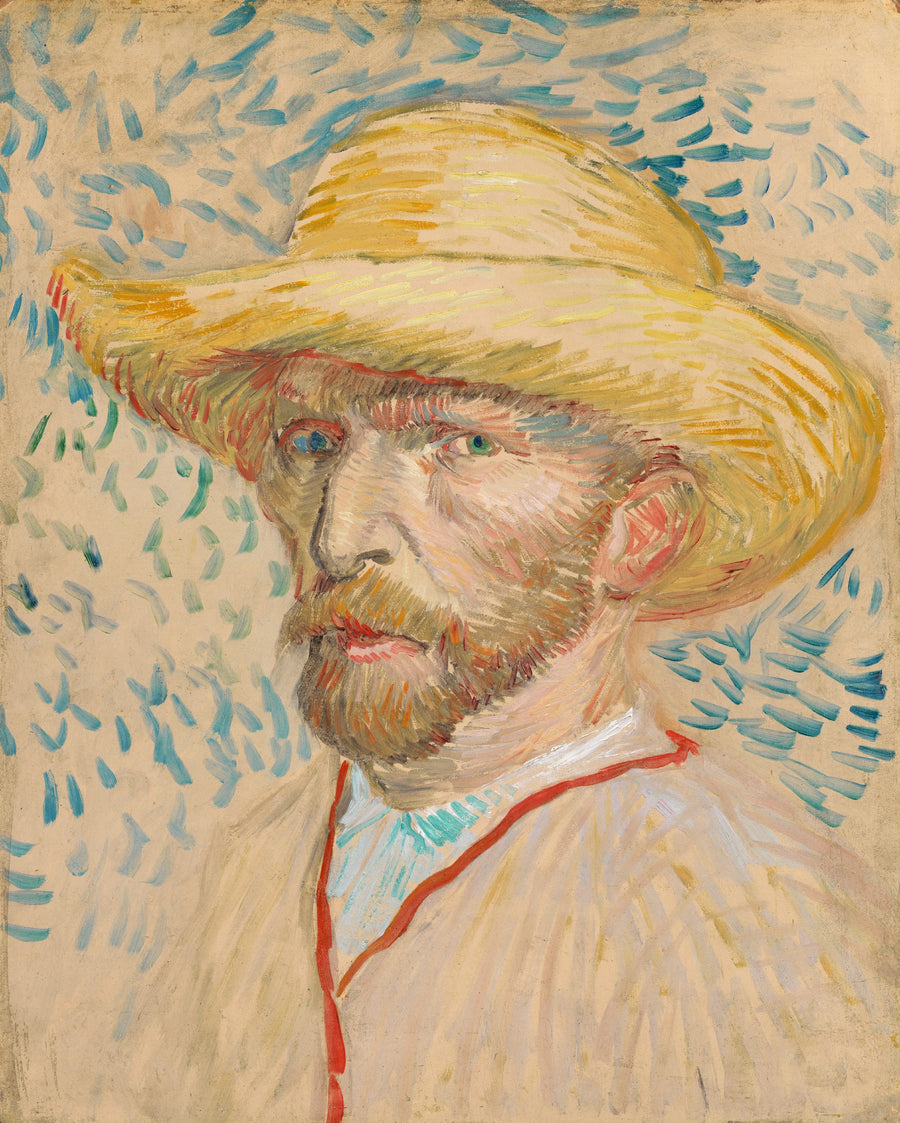 Autoportrait au chapeau de paille, F469 — Vincent van Gogh en vêtements clairs devant un fond de touches bleues