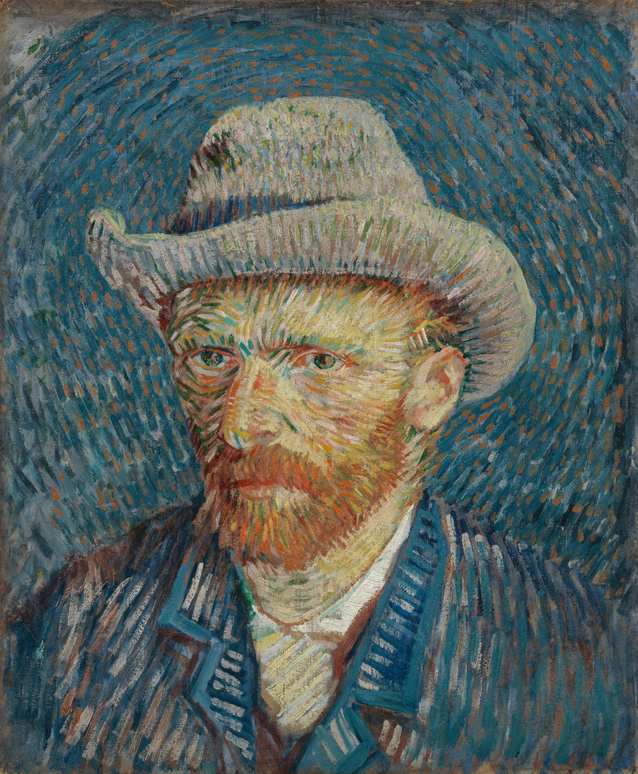 Autoportrait au chapeau de feutre gris, F344 — visage roux entouré de touches rayonnantes peint par Vincent van Gogh