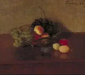 Стеклянная ваза с белыми и синими виноградом, персиками и сливами - Анри Фантен-Латур