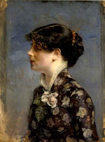 Бюст молодой брюнетки в профиль слева, в цветистой блузке - Giovanni Boldini