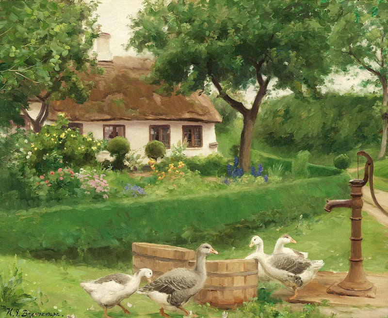 Утки у водяного насоса за фермерским домом с соломенной крышей. - H. A. Brendekilde