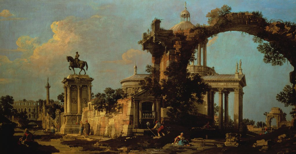 Capriccio de ruines romaines avec une église à coupole et le monument Colleoni - Canaletto - Alpha Reproduction