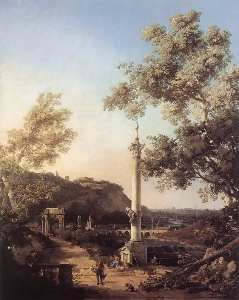 Capriccio: paysage de rivière avec une colonne - Canaletto - Alpha Reproduction