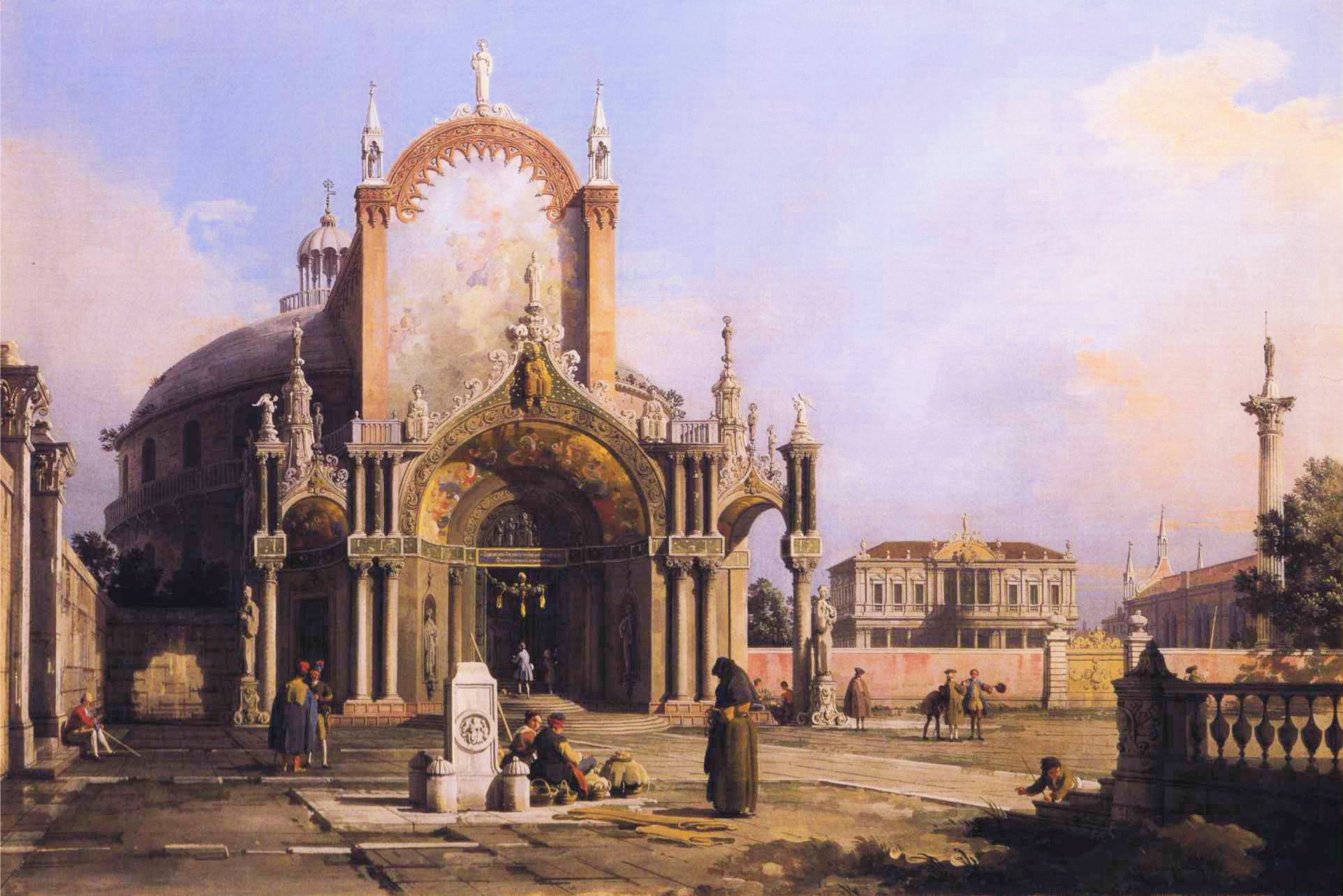 Capriccio: une église ronde avec un portique gothique élaboré sur une place une place palladienne et une église