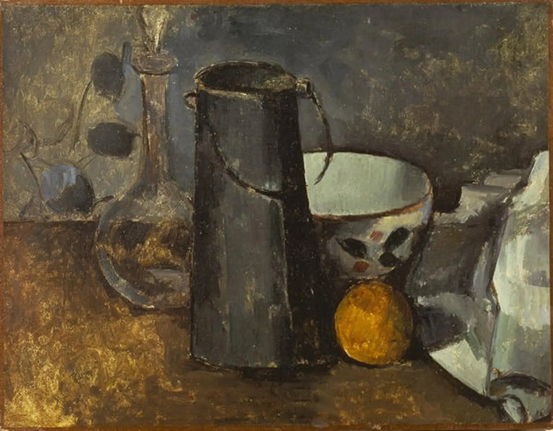 Графин, коробка с молоком, миска и апельсин - Поль Сезанн