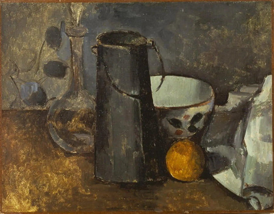 Графин, коробка с молоком, миска и апельсин - Поль Сезанн