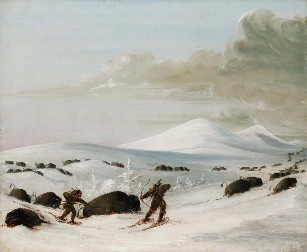 Chasse au bison dans les congères poursuite par des Indiens en raquettes - George Catlin - Alpha Reproduction