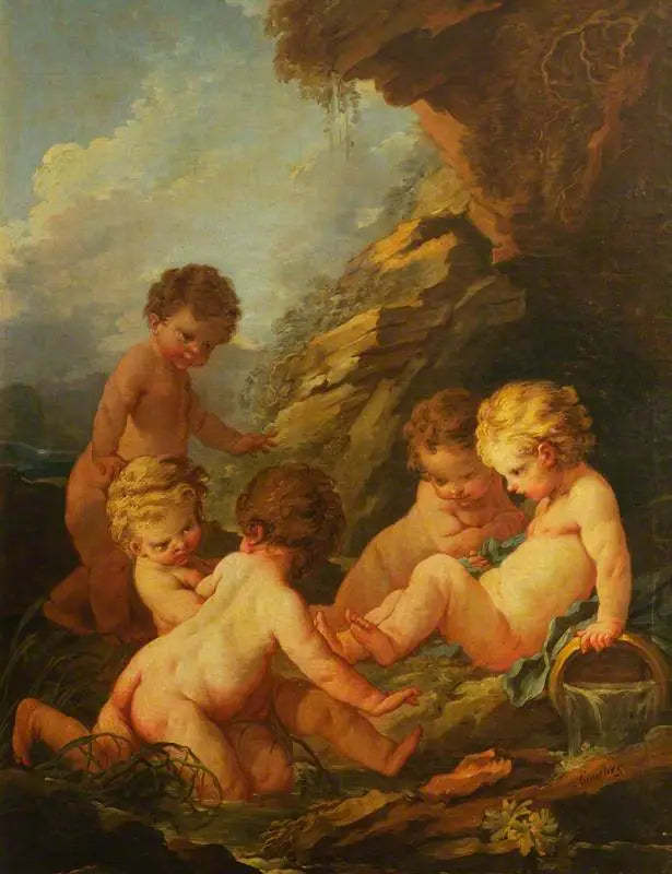Cinq enfants nus jouant au bord d’une piscine rocheuse - François Boucher - Alpha Reproduction