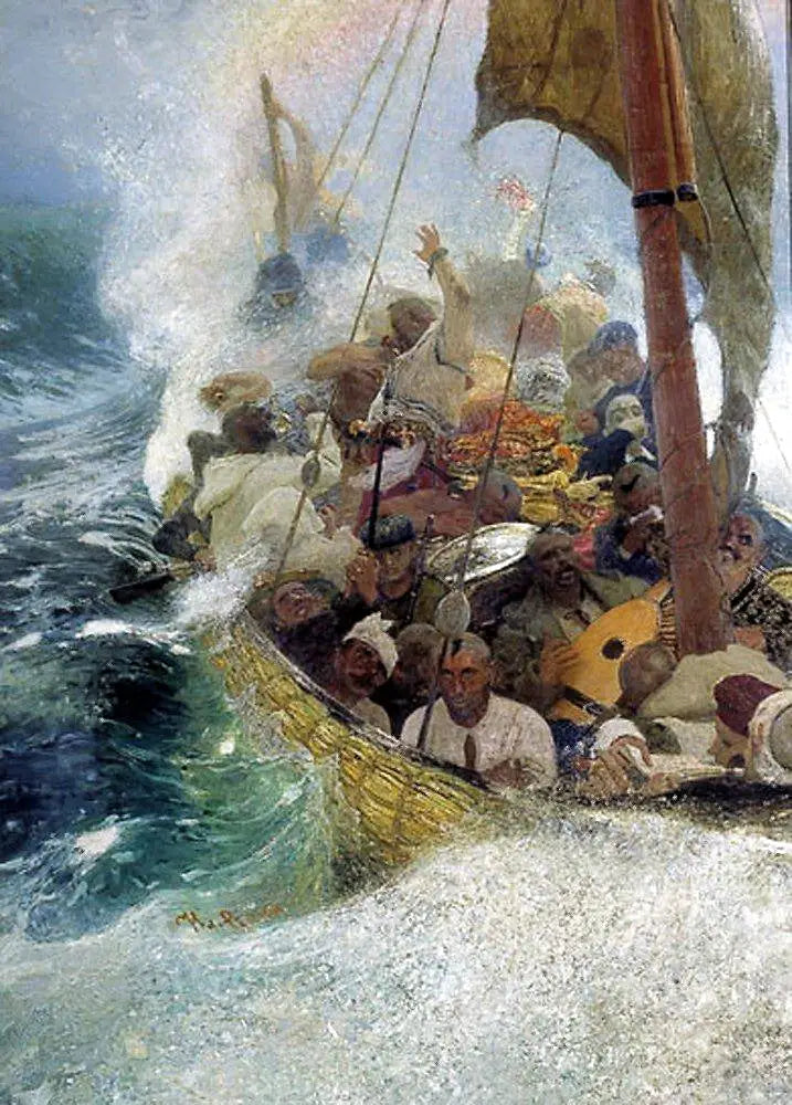 Cosaques sur la mer Noire. Cosaques zaporogues sur une chaika pendant une tempête. - Ilya Repin - Alpha Reproduction