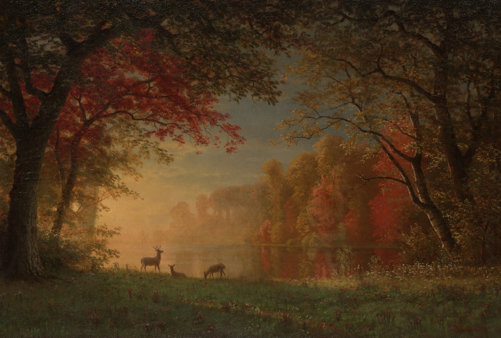 Coucher de soleil indien : cerf au bord d’un lac - Albert Bierstadt - Alpha Reproduction