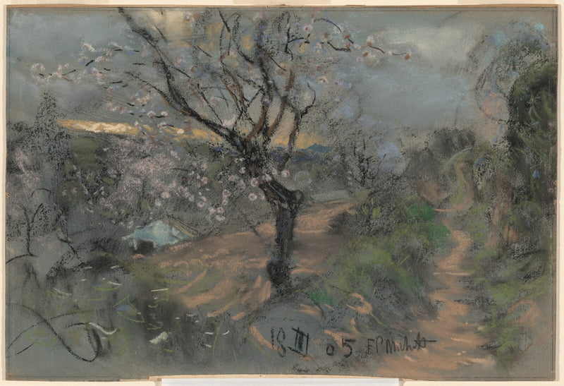 A Hillside Path with Blooming Cherry Trees under an Overcast Sky - Francesco Paolo Michetti