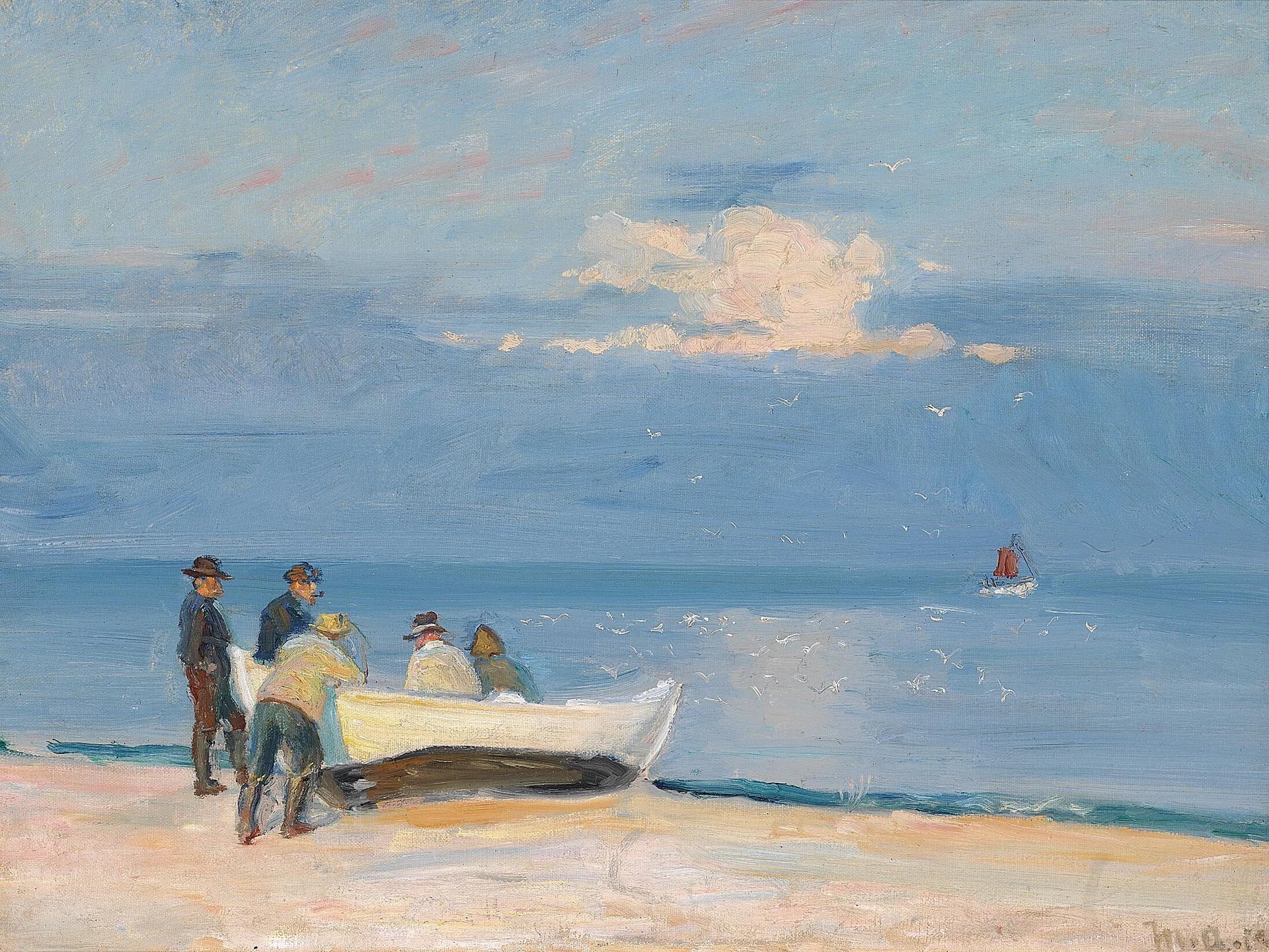 Des pêcheurs sur un bateau, sur la plage de Skagen. - Michael Peter Ancher image 1 copie de tableau peinte à la main