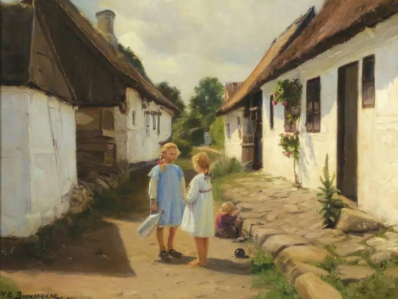 Два ребенка на улице деревни - Х. А. Брендекильде