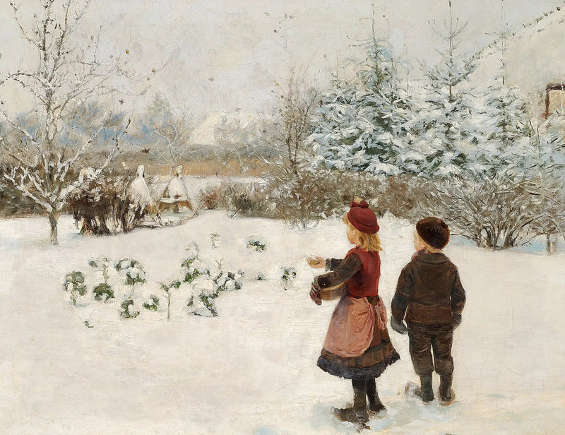 Два ребенка кормят птиц в снегу. - H. A. Brendekilde