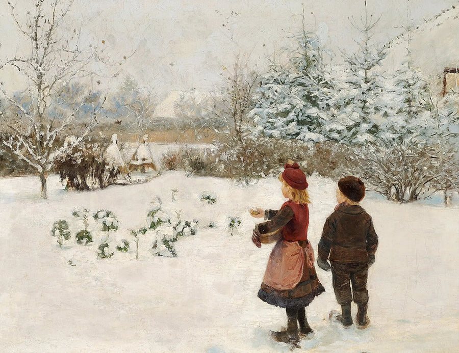 Два ребенка кормят птиц в снегу. - H. A. Brendekilde