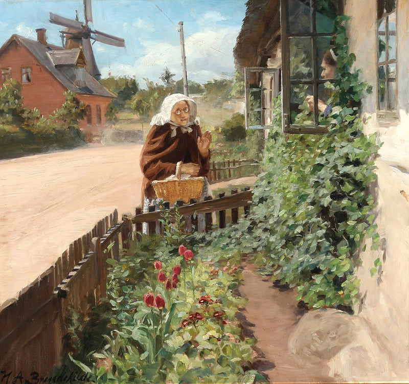 Две женщины разговаривают через окно. - H. A. Brendekilde