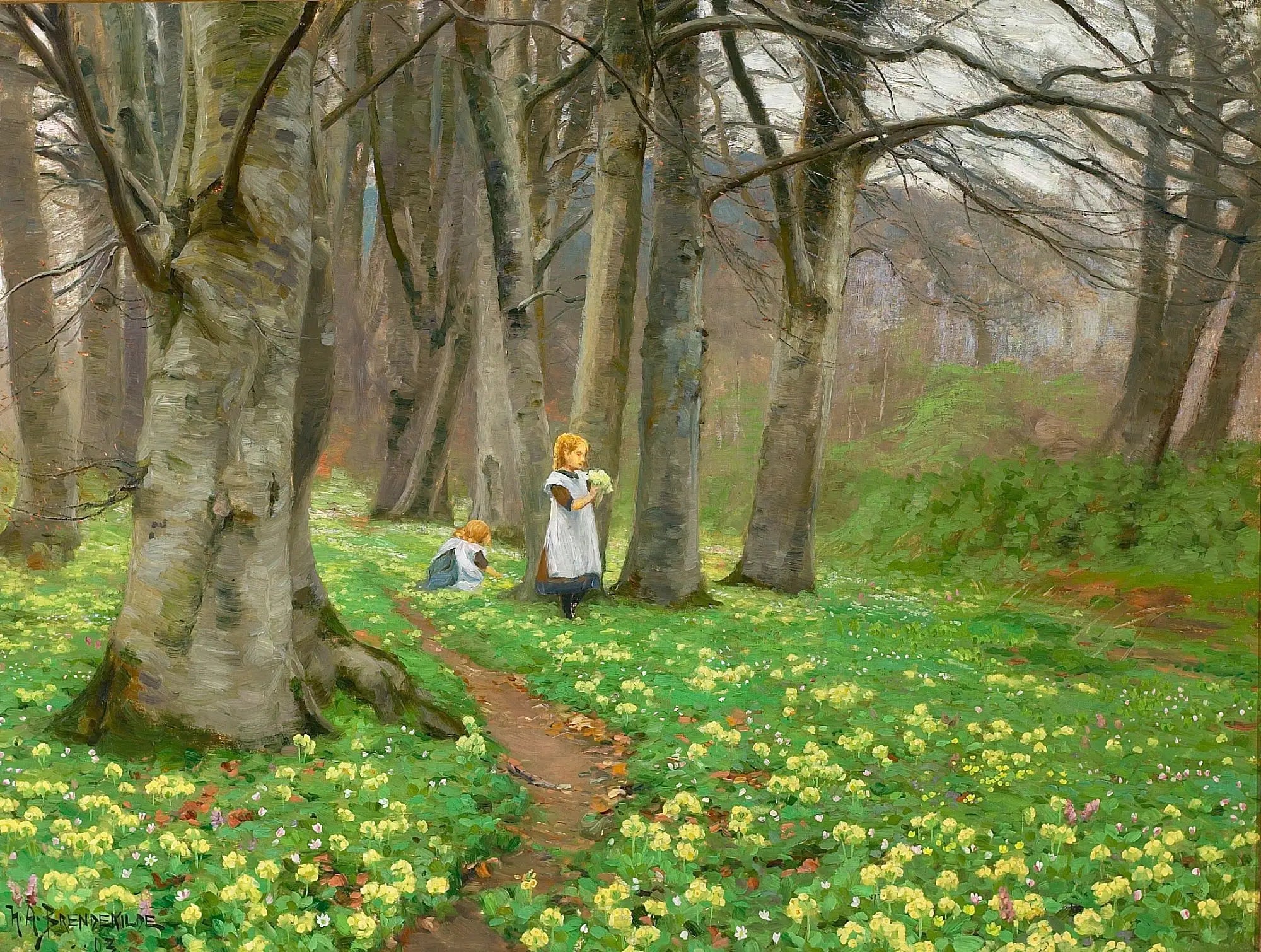 Deux filles cueillent des fleurs dans une forêt au printemps. - H. A. Brendekilde - Alpha Reproduction