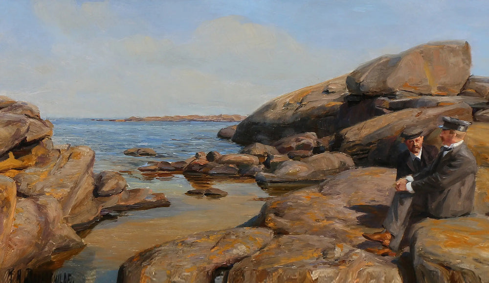 Deux hommes en conversation sur un rivage rocheux - H. A. Brendekilde - Alpha Reproduction