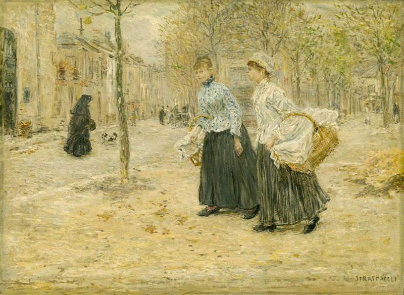 Deux lavandières traversent un petit parc à Paris - Jean-François Raffaëlli