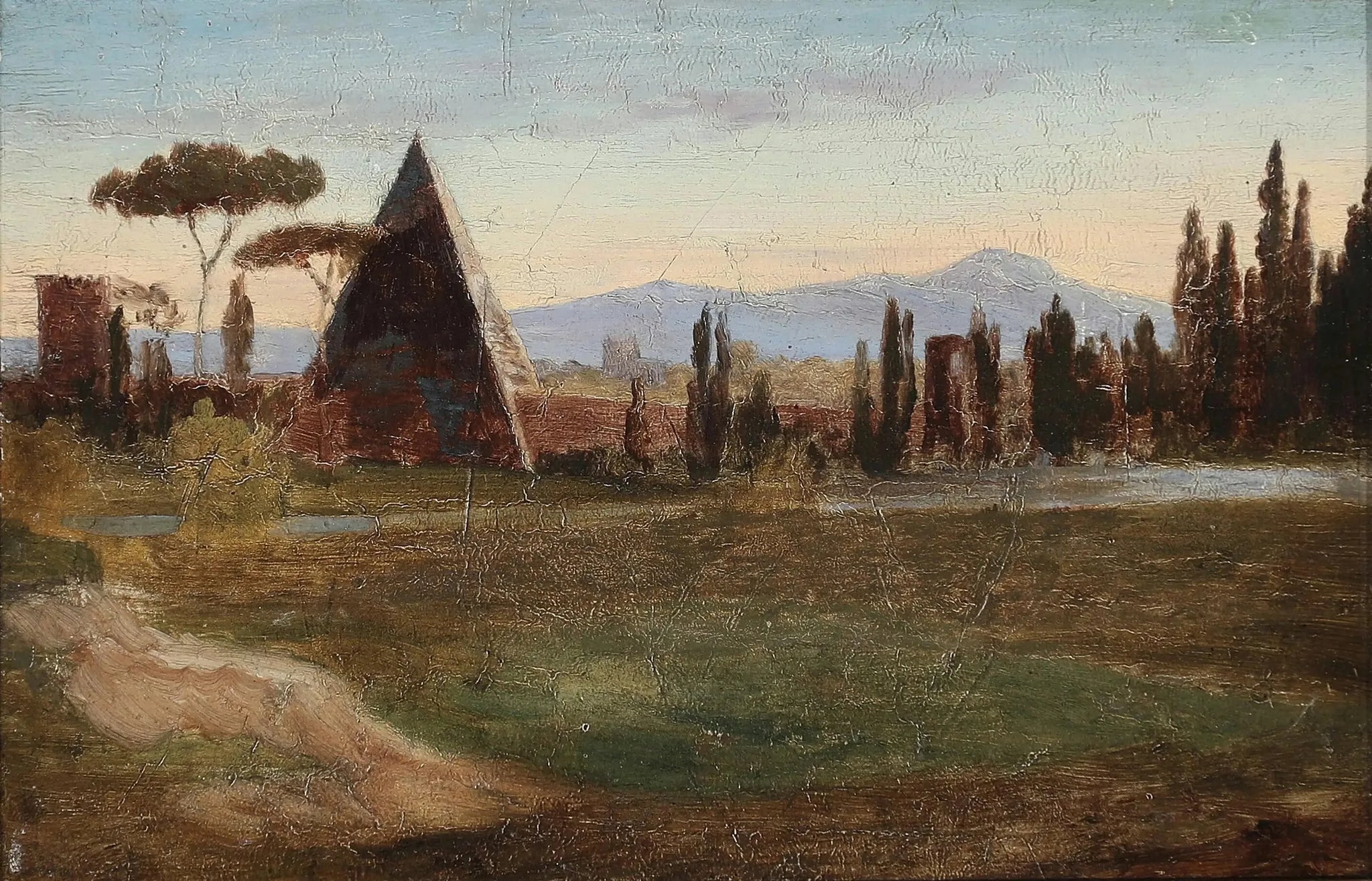 Du cimetière protestant de Rome, avec la pyramide de Cestius et les montagnes en arrière-plan. - H. A. Brendekilde image 1 reproduction d’œuvre d’art à l’huile