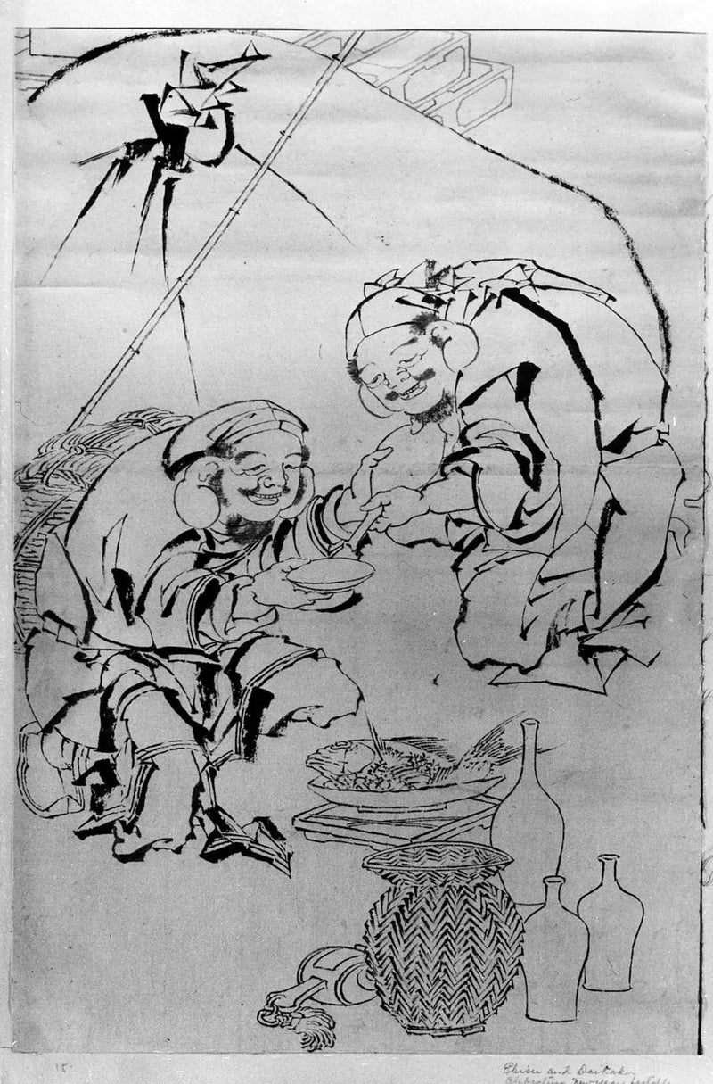 Эбису и Дайкоку празднуют фестиваль Нового года - Хокусай