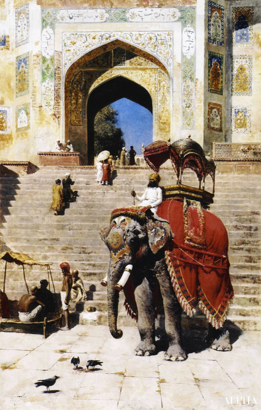 Éléphant royal à l'entrée de la Jami Masjid, Mathura - Edwin Lord Weeks - Reproductions de tableaux et peintures haut de gamme