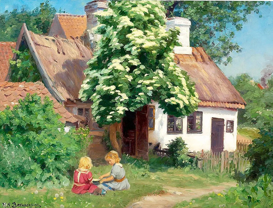 Дети, играющие перед фермой. - H. A. Brendekilde