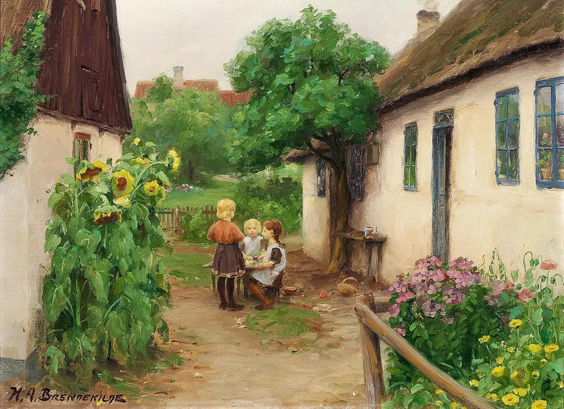 Дети, играющие рядом с фермой, слева от цветущих подсолнухов. - Х. А. Брендекильде