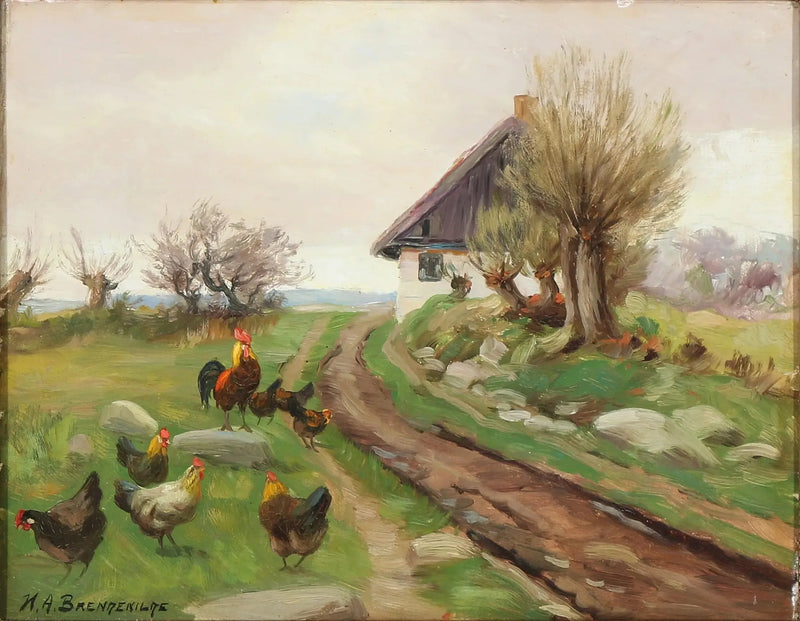 Внешний вид фермы с курицами - H. A. Brendekilde