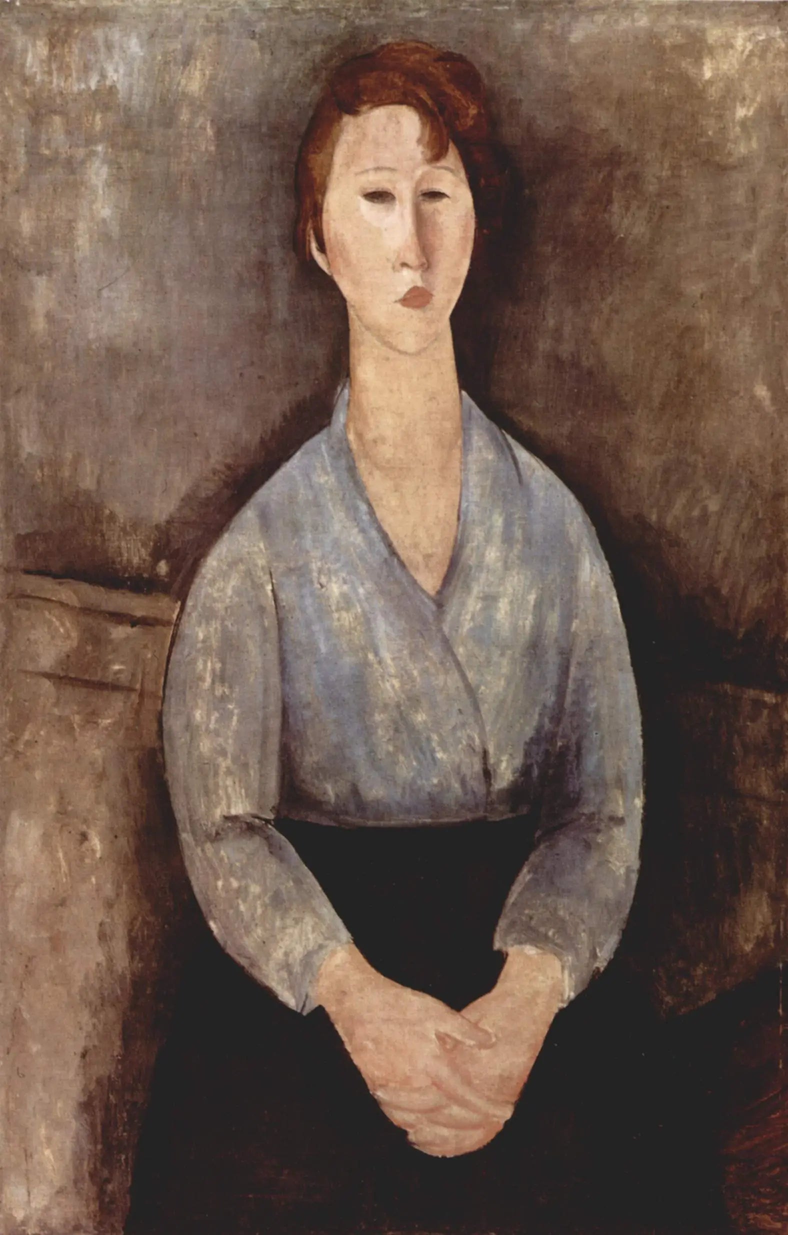 Reproduction du tableau « Femme assise avec un chemisier bleu - Amedeo Modigliani » par Alpha Reproduction en peinture à l’huile