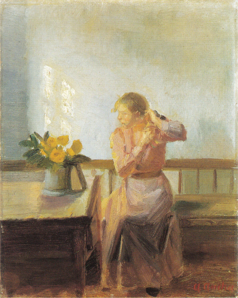 Женщина, сидящая и заплетающая волосы - Anna Ancher