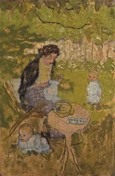 Женщина, шьющая в саду (с детьми) - Пьер Боннар