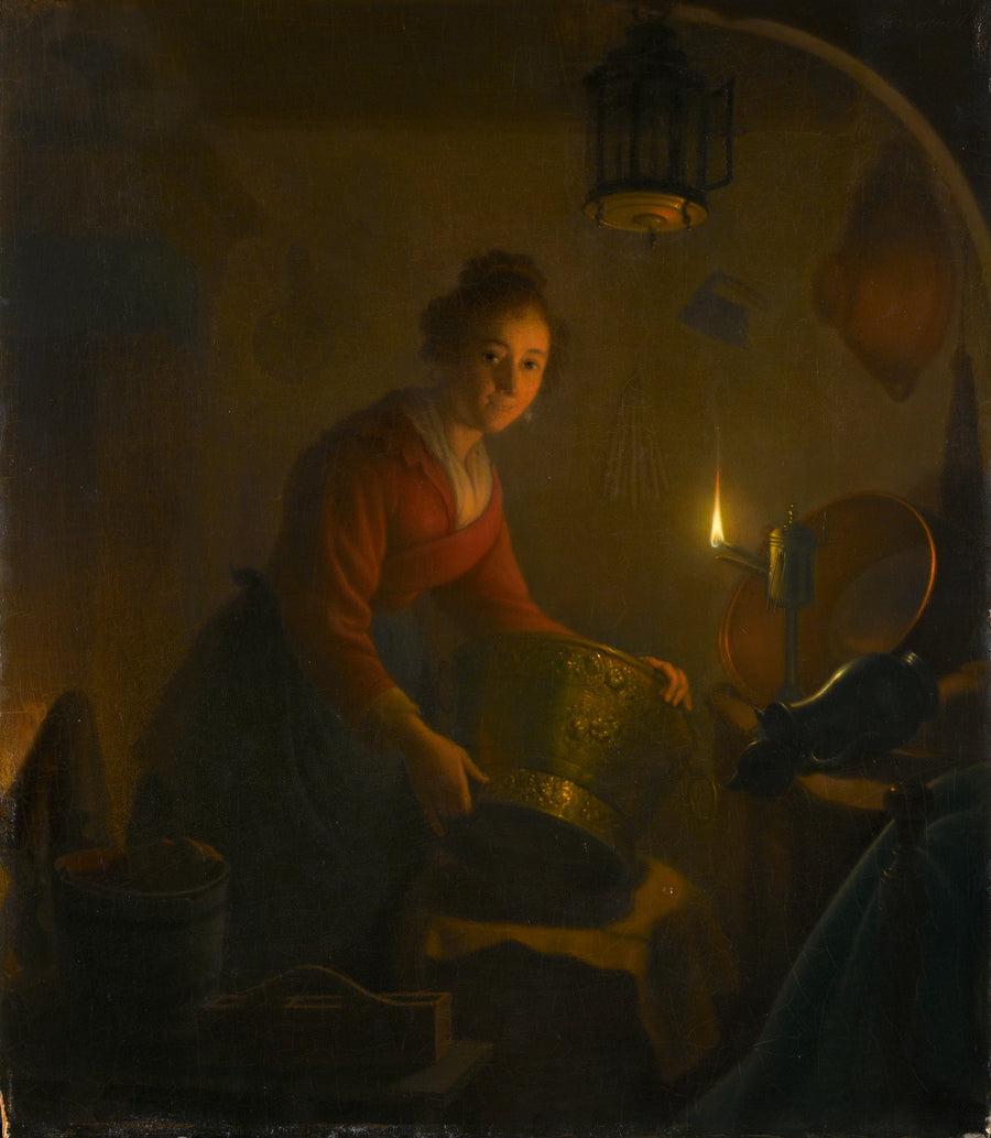 Une femme dans une cuisine à la lumière d’une lampe à huile - Michiel Versteeg