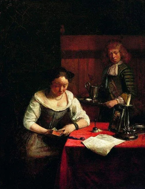 Femme de lecture et un jeune homme avec un plateau - Gerard ter Borch